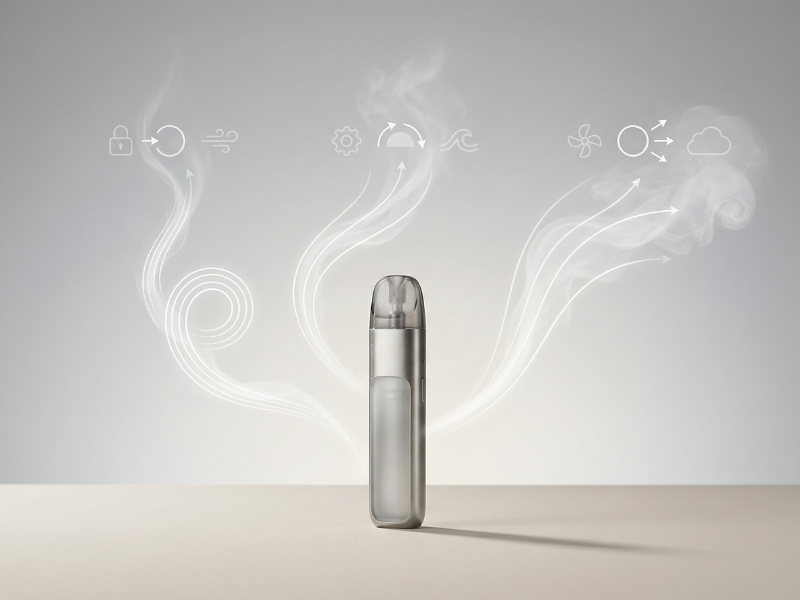 Dispositivo tipo pod con trazos de vapor que ilustran calada cerrada media y abierta