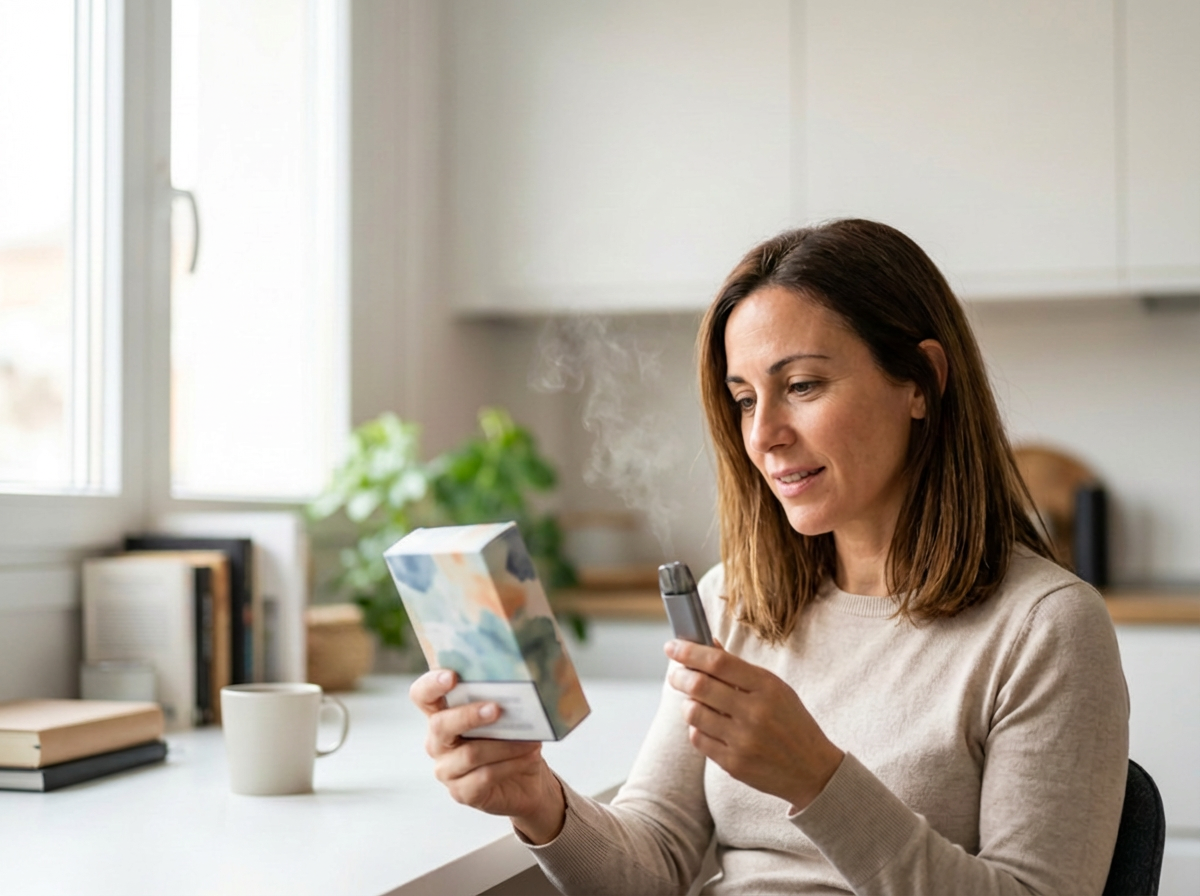 Persona adulta revisando una caja sin texto y un dispositivo tipo pod para entender los tipos de vaper